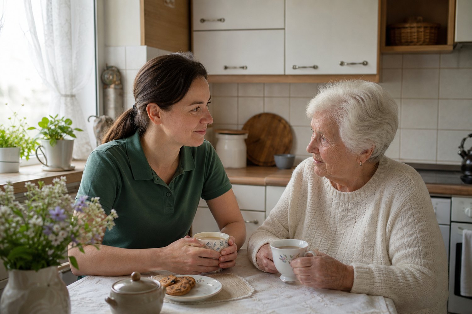 Opiekunka rozmawia z seniorką przy kuchennym stole