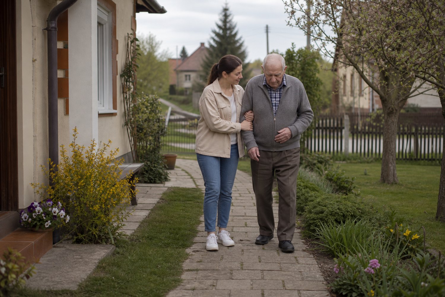 Opiekunka asekurująca seniora podczas krótkiego spaceru przy domu